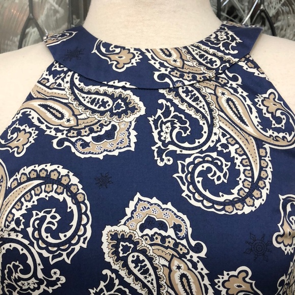 Ann Taylor Loft High Halter Neck Navy Blue with White & Tan Paisley Print Dress - Picture 2 of 7